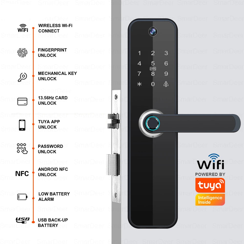 Smart Electronic Door Lock with Fingerprint, PIN, Card, App & Camera