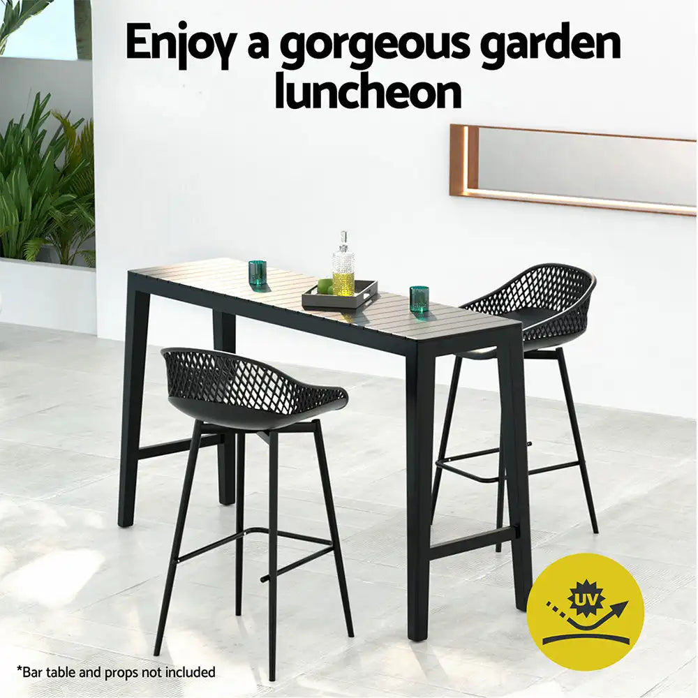 2x Outdoor Bar Stools – Black Polypropylene Seat with Metal Frame & Footrest