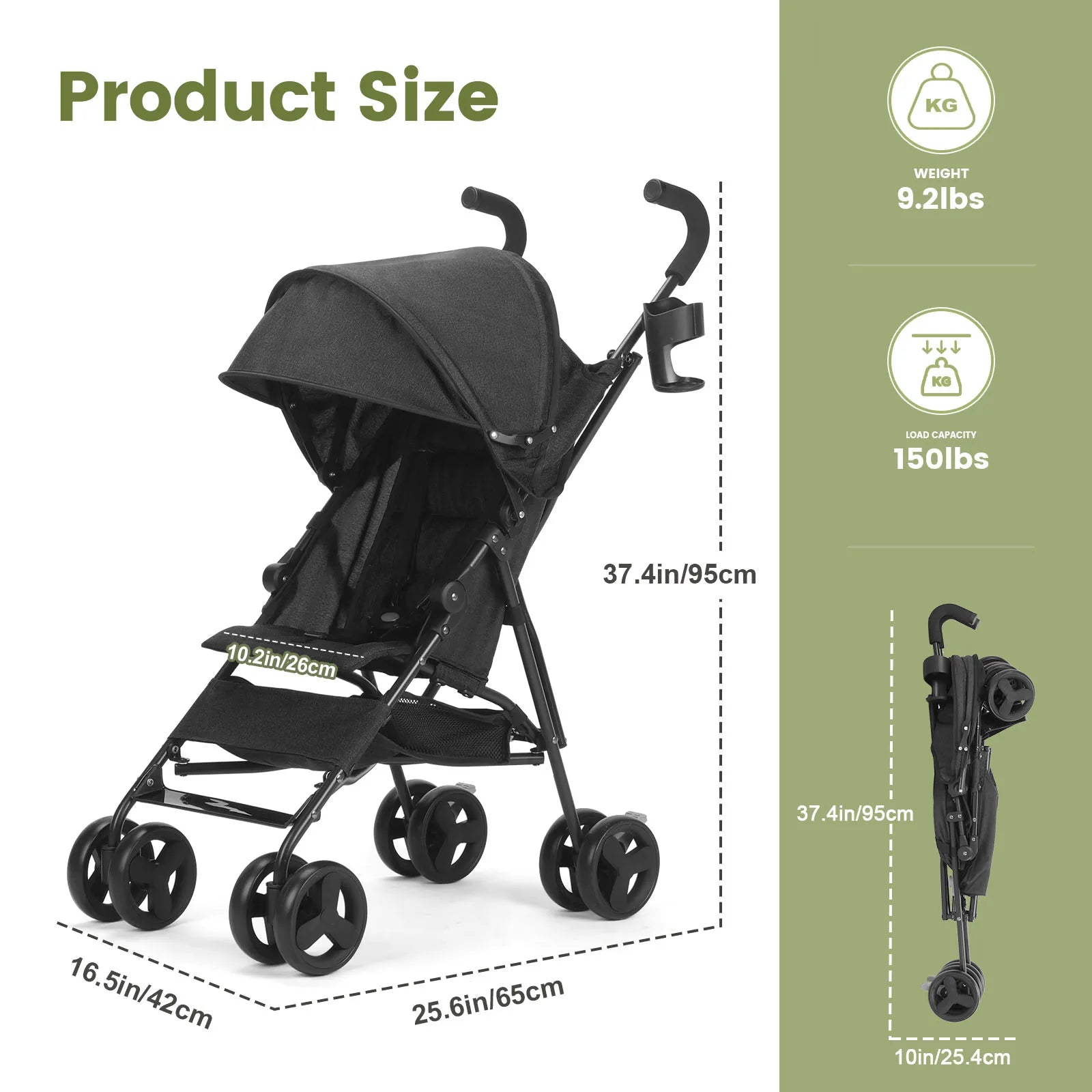 Lightweight Foldable Travel Stroller with Stainless Steel Frame for Ages 0-6Y