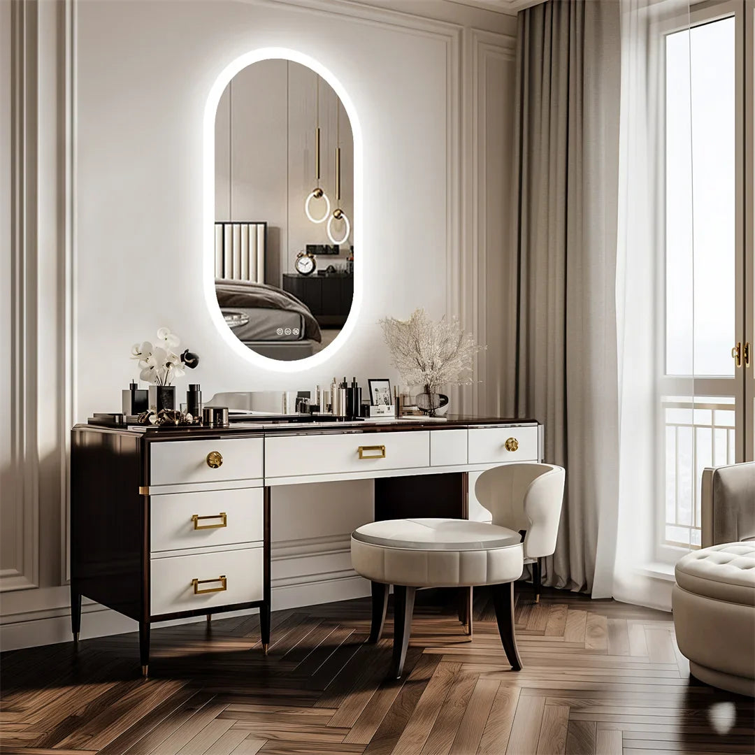 Oval LED Bathroom Mirror with 3-Color Lighting and Anti-Fog