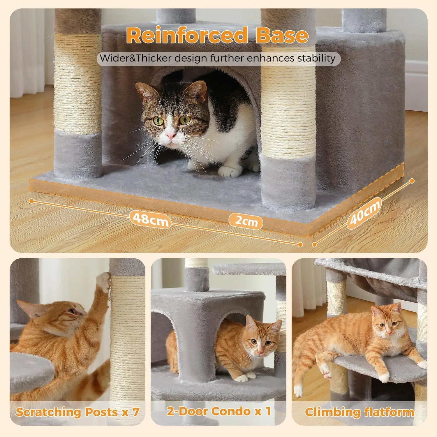 164cm Cat Tree with Sisal-Covered Posts, Dual Condos, Hammock & Top Perches