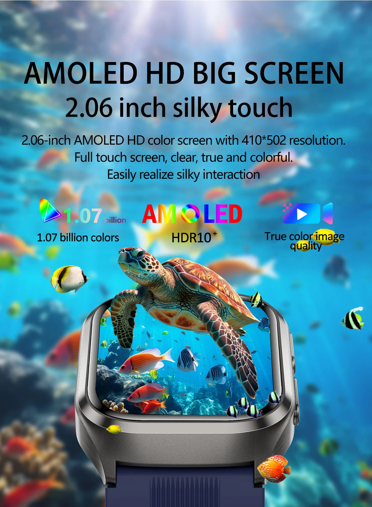 2.06" AMOLED Smart Watch with ECG, Temp & SpO2 Blue Air Pump Strap, IP68, 12-Day Battery