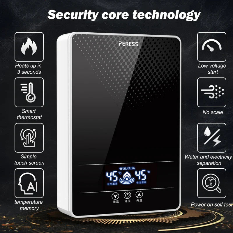 7000W Instant Electric Water Heater for Bathroom Shower Black
