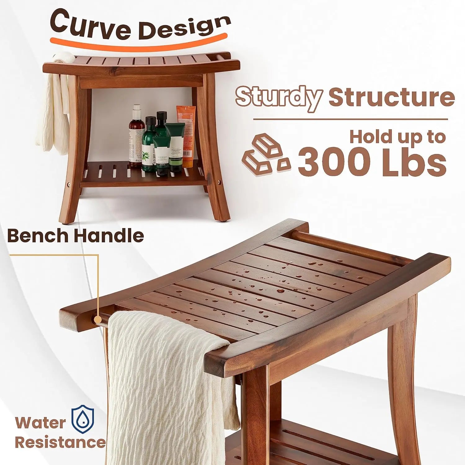 Waterproof Acacia Wood Bathroom Bench with Shelf Sturdy Shower Seat for Relaxation & Storage