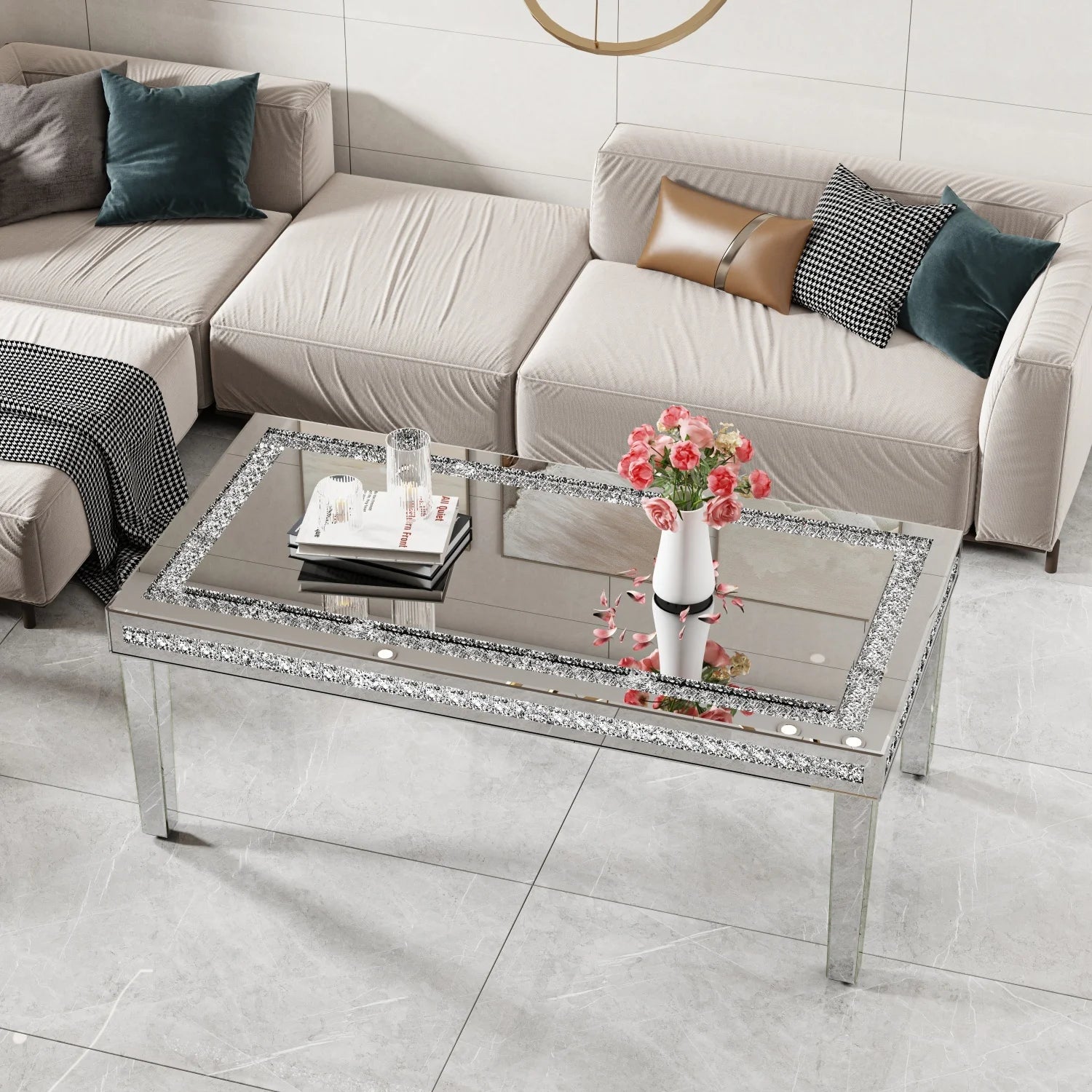 120cm Rectangular Mirrored Coffee Table with Crystal Inlay – Silver Accent Centrepiece