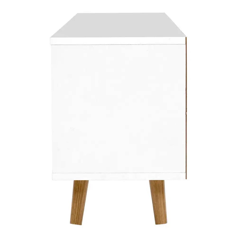 120cm Scandinavian TV Cabinet Entertainment Unit with Drawers & Shelves – White Wood Finish