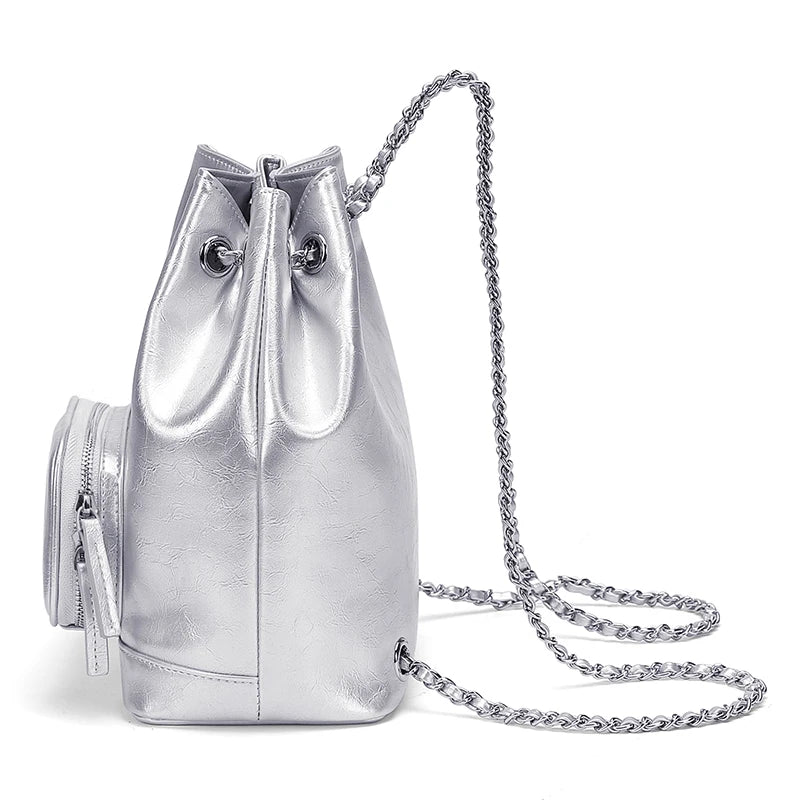 Silver Convertible Drawstring Backpack Purse – PU Leather Street Style