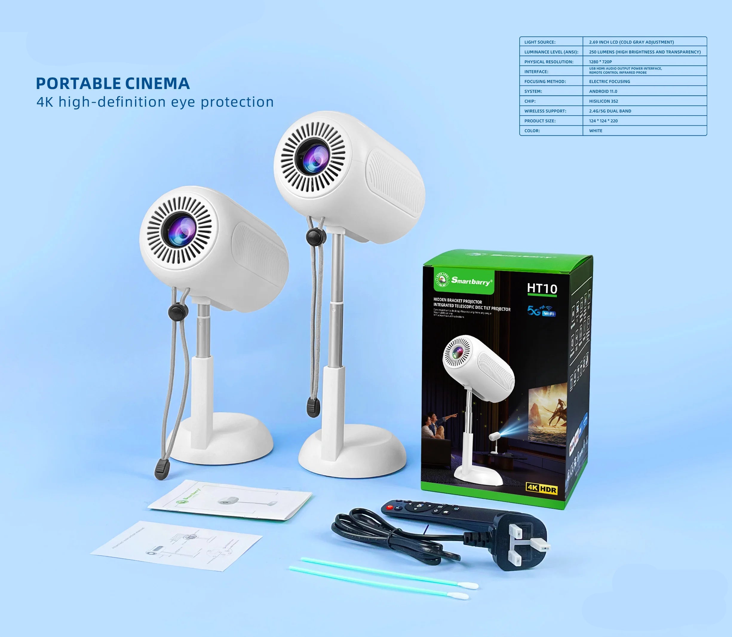 4K Portable Projector with Wi-Fi 6 and Android 11