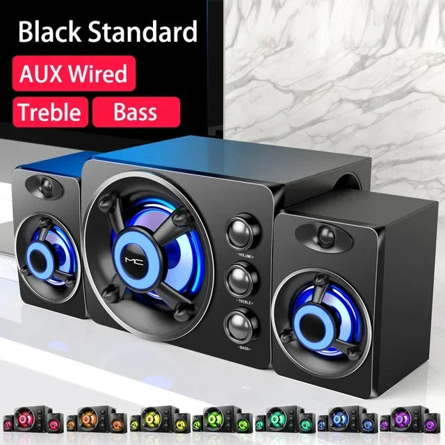 Portable Bluetooth 5.0 Home Theater Speakers with Subwoofer, Adjustable Bass & Colorful LED Lights