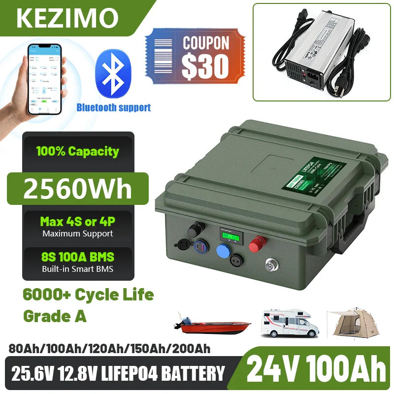 12V 100Ah LiFePO4 Battery with Bluetooth and USB Output