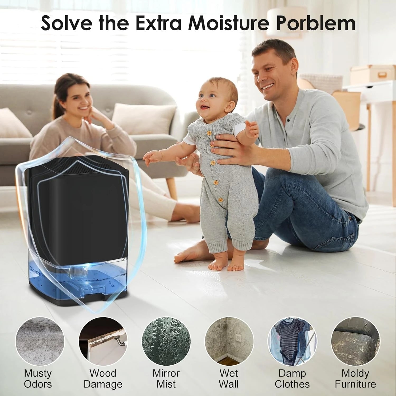 Compact Room Dehumidifier with Water Tank, LED Mood Lights & Overflow Protection