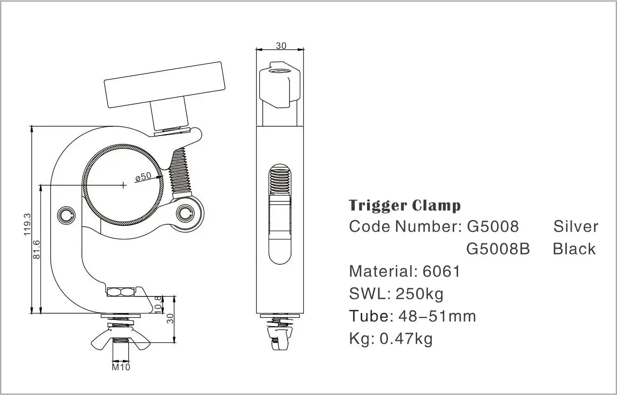 2" Aluminum Trigger Clamp for Stage Truss Lights – 250kg Load Capacity