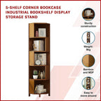 Industrial 5-Shelf Corner Bookcase – Freestanding Space-Saver for Living Room or Office