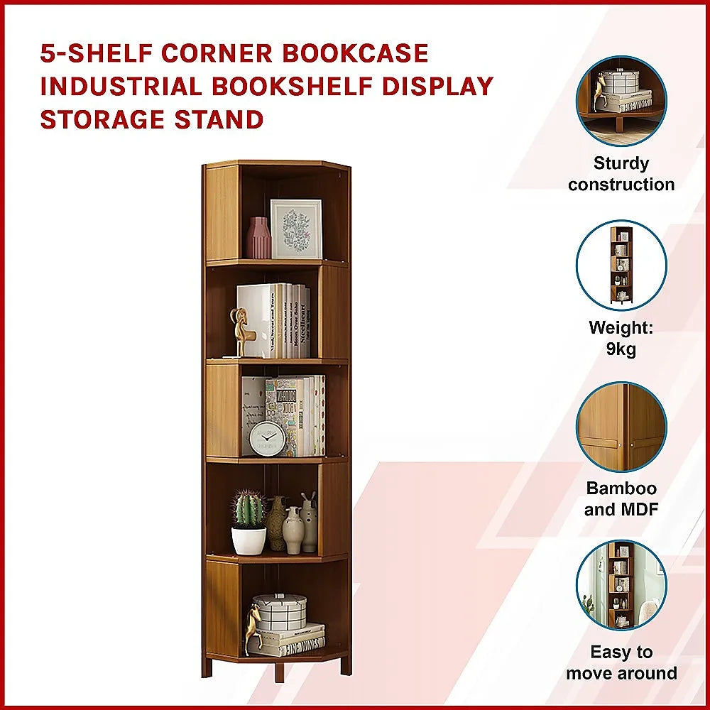 Industrial 5-Shelf Corner Bookcase – Freestanding Space-Saver for Living Room or Office