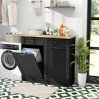 Portable Kitchen Island with 15.5 Gallon Tilt-Out Bin, Rubber Wood Top & Storage Drawers