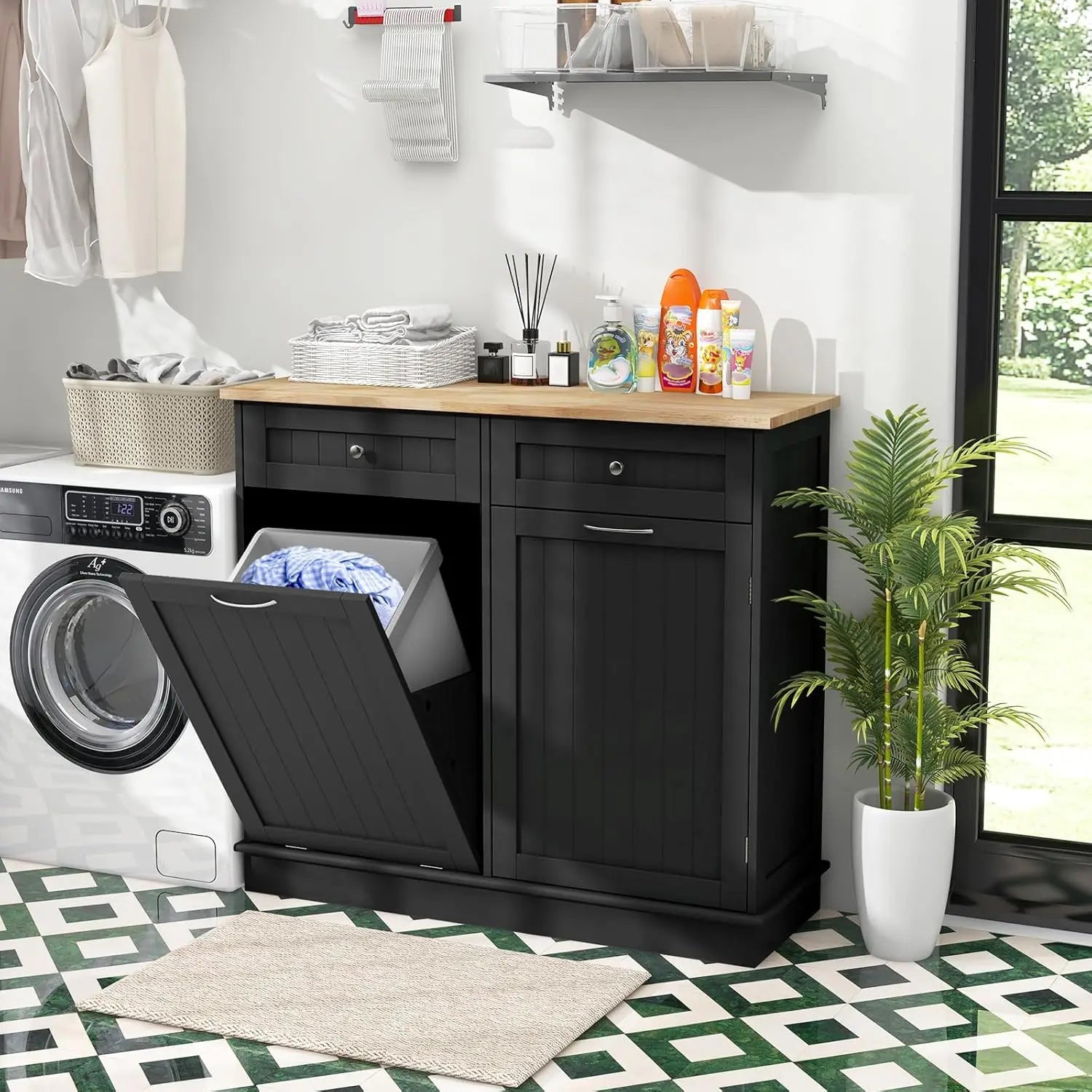 Portable Kitchen Island with 15.5 Gallon Tilt-Out Bin, Rubber Wood Top & Storage Drawers
