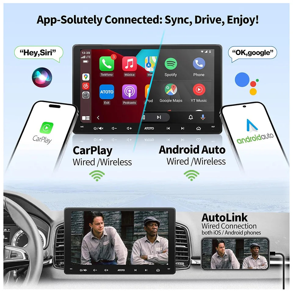 Portable 9" 2-Din Car Stereo with Wireless Android Auto with Rear Camera