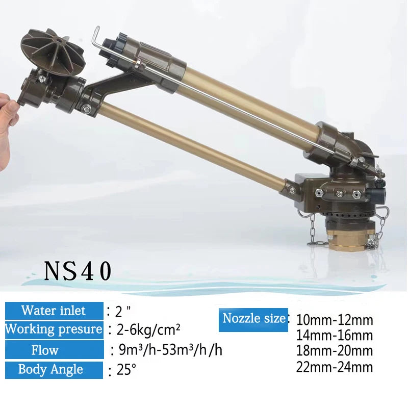 2" Long-Range Agricultural Sprinkler 360° Automatic Gear Drive, Heavy Duty Metal Rain Gun