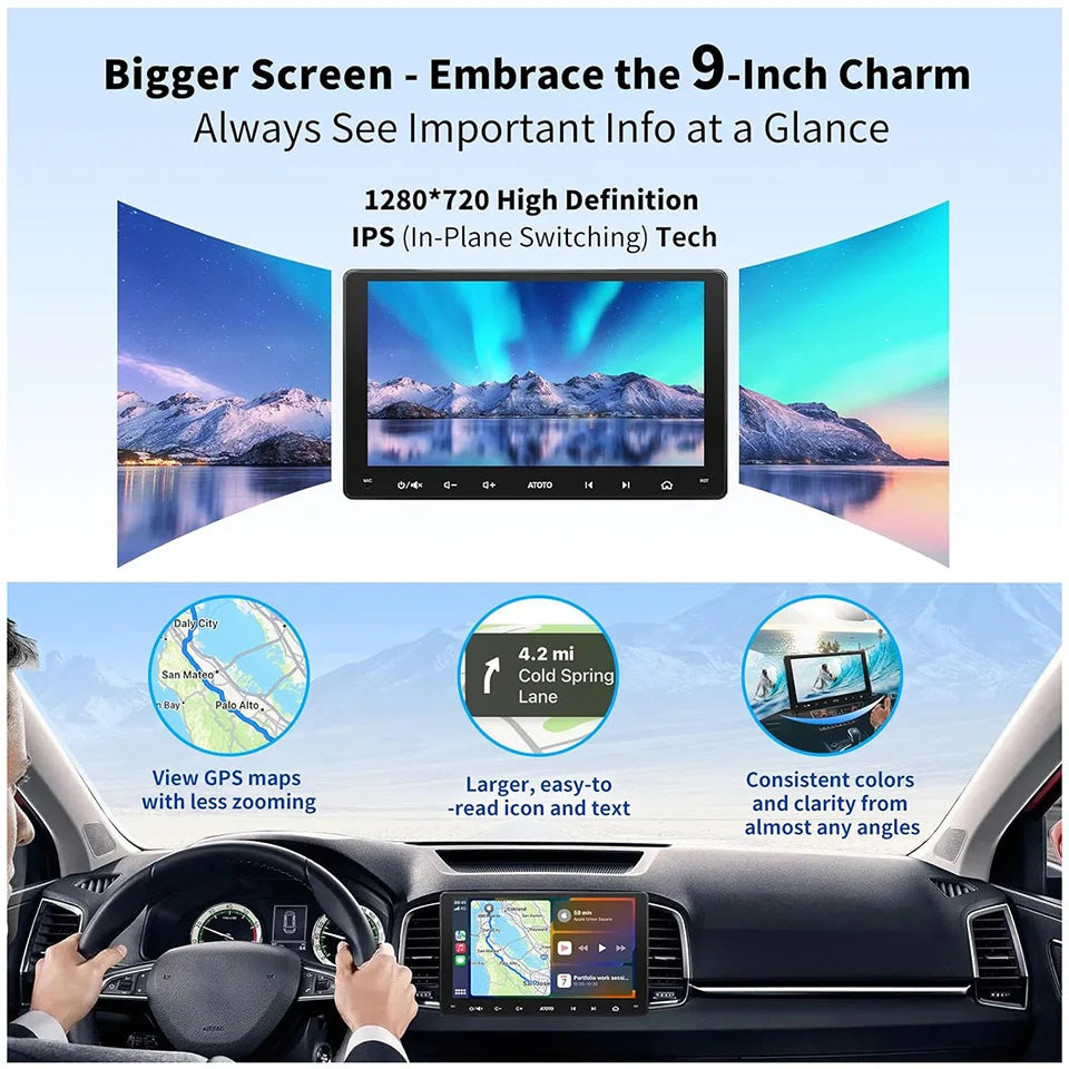 Portable 9" 2-Din Car Stereo with Wireless Android Auto F7G209WE