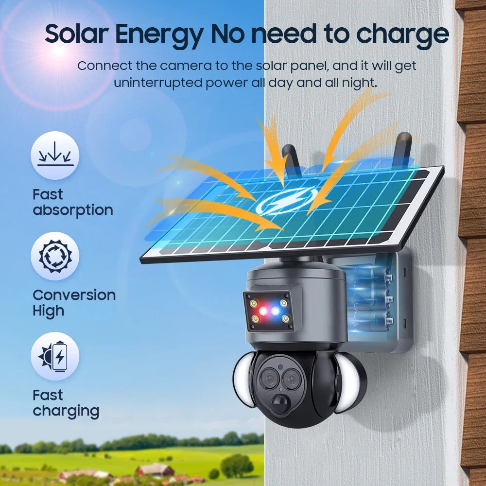 Outdoor Solar PTZ Security Camera 4K 8MP, Dual Lens, 12X Zoom, Night Vision, WiFi/4G Wireless