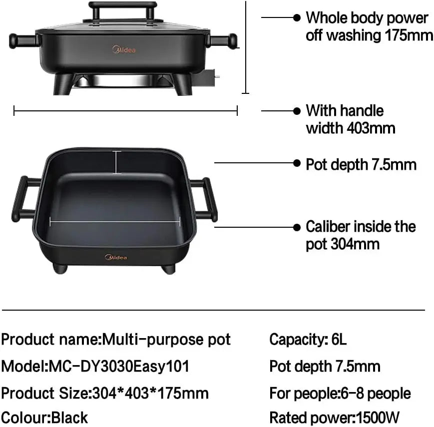 1500W Multifunction Electric Hot Pot with 6L Capacity & Stepless Thermostat