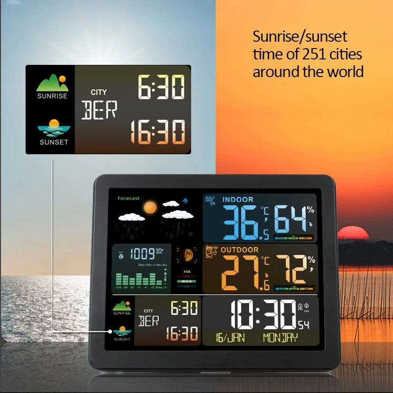 Digital Weather Station Clock A1 – Indoor/Outdoor Temperature & Humidity Monitor with Sunrise/Sunset, Tide, Dual Alarms