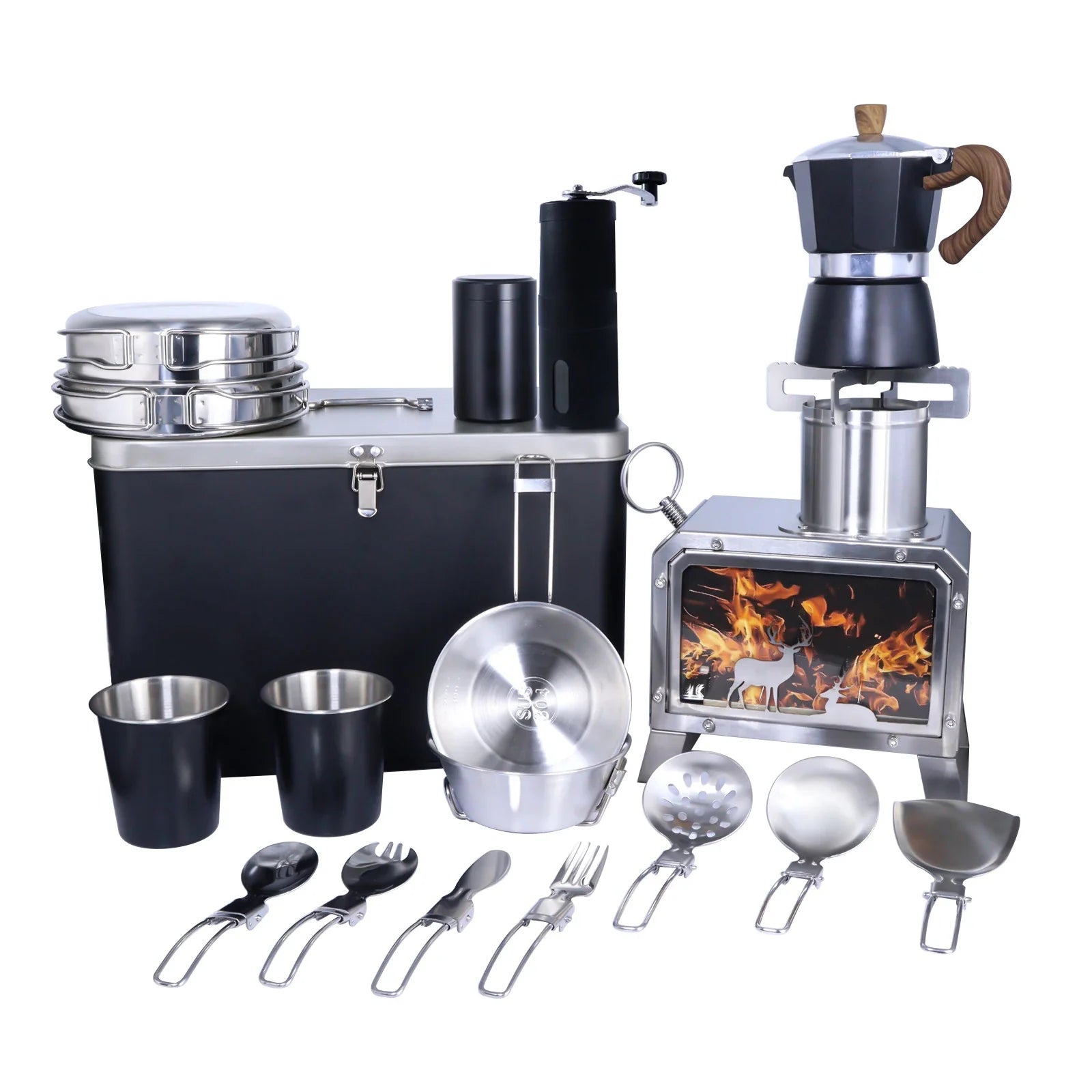 12-Piece Camping Cookware Moka Pot Set with Stove & Cups