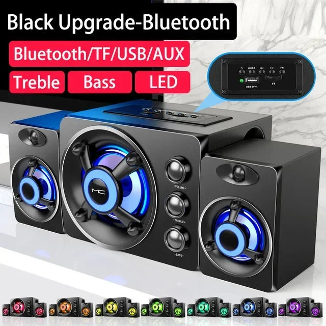 Portable Bluetooth 5.0 Home Theater Speakers with Subwoofer, Adjustable Bass & Colorful LED Lights