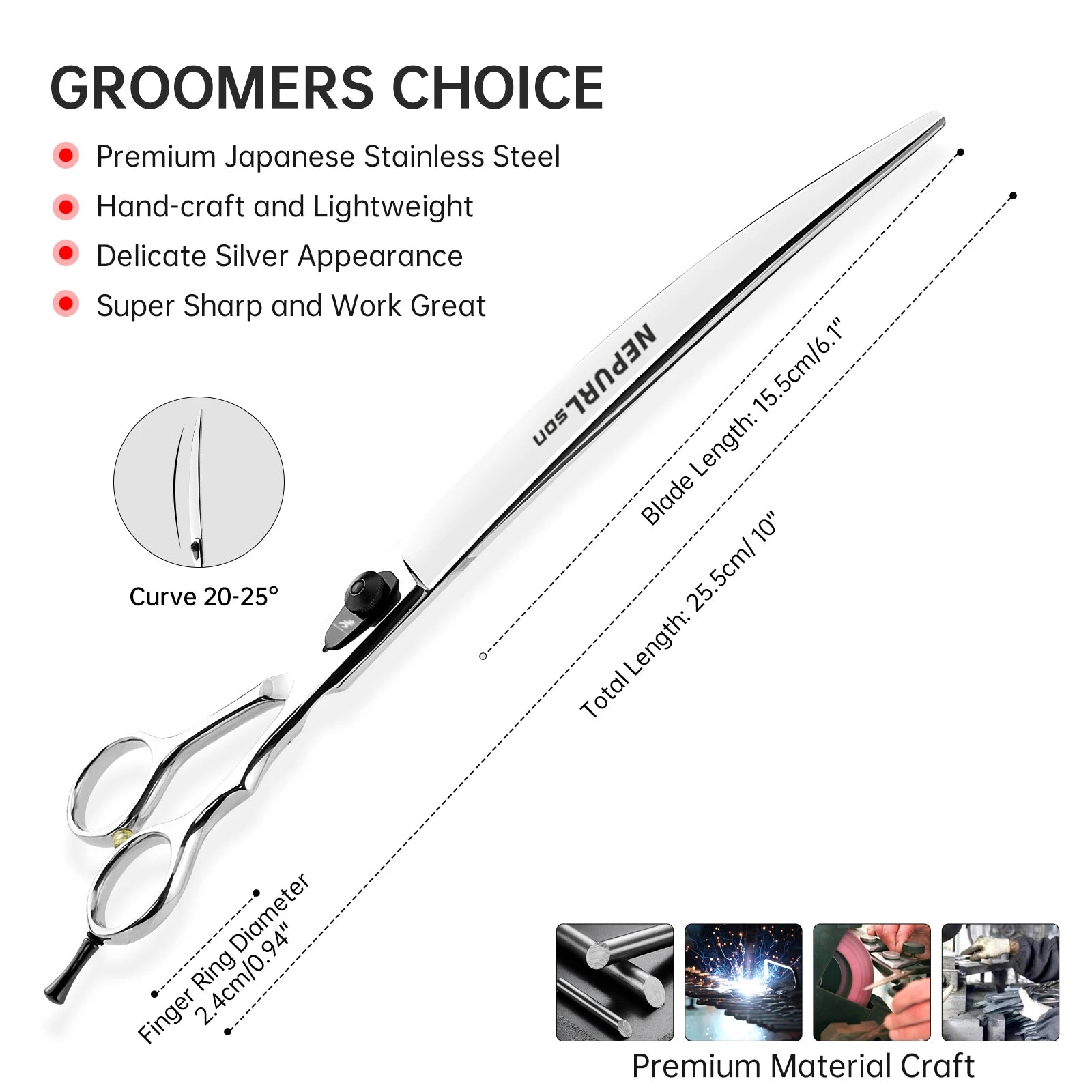 Professional 10-Inch Straight Pet Grooming Scissors Polished Silver, 440C Steel Blades