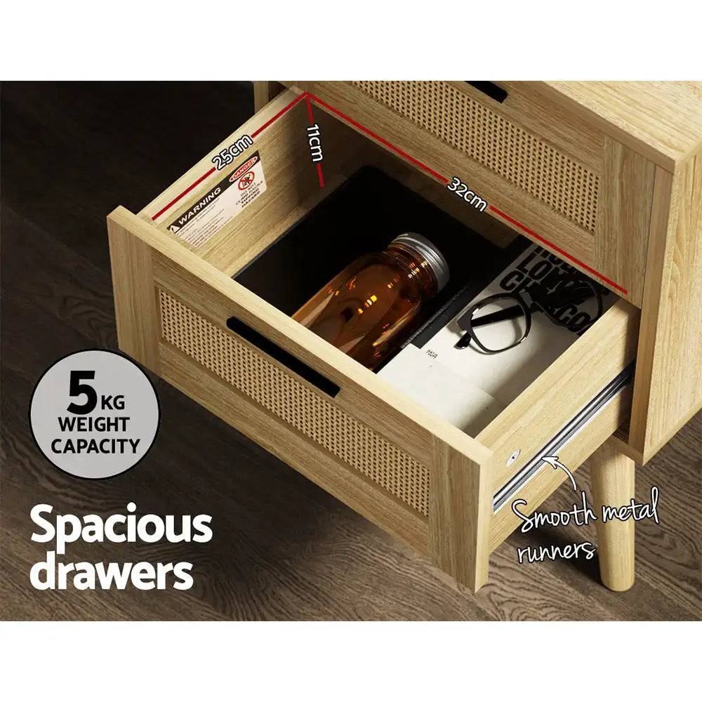 1. 2-Drawer Rattan Bedside Table with Open Shelf & Solid Wood Legs – 54cm Height