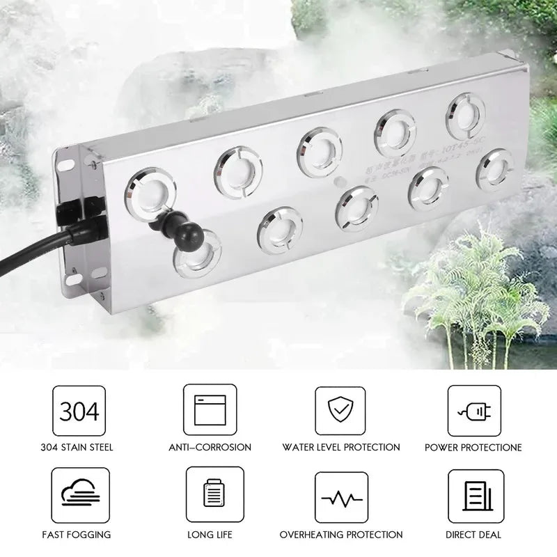 10 Head Ultrasonic Mist Maker with 12V Power for Greenhouse & Hydroponics