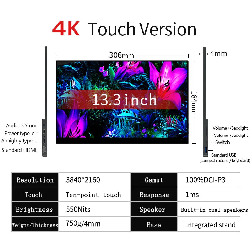 13.3" 4K OLED Touchscreen Monitor with HDR for Gaming