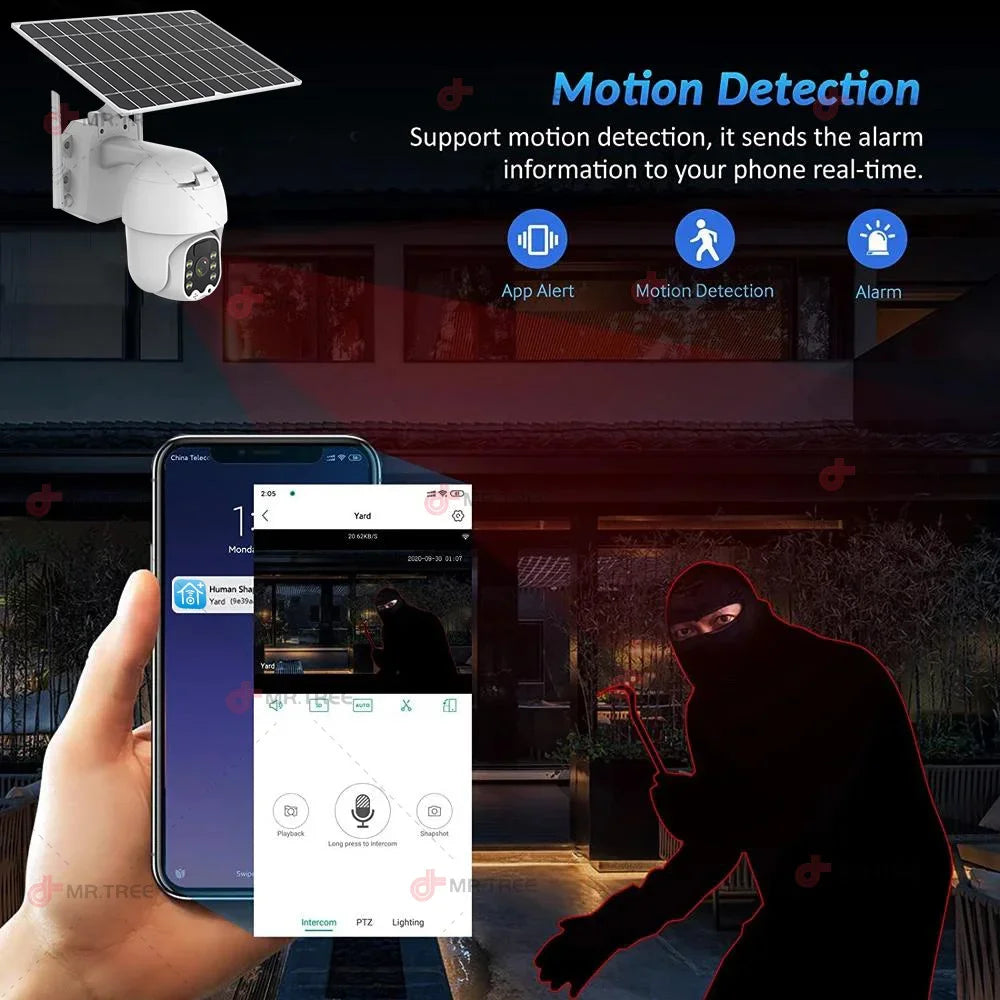 Waterproof Solar Outdoor CCTV Camera 1080p HD, Wireless PTZ, Motion Alerts, 4G SIM & WiFi