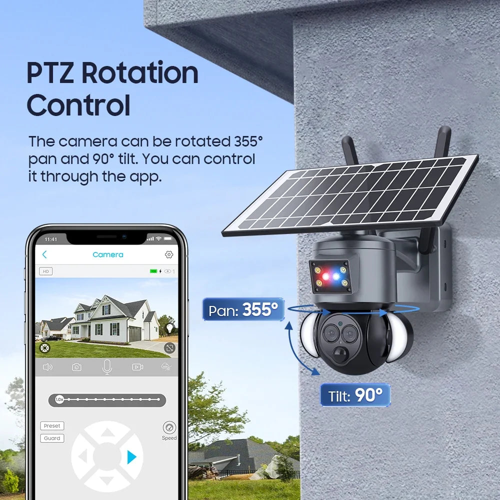 Outdoor Solar PTZ Security Camera 4K 8MP, Dual Lens, 12X Zoom, Night Vision, WiFi/4G Wireless