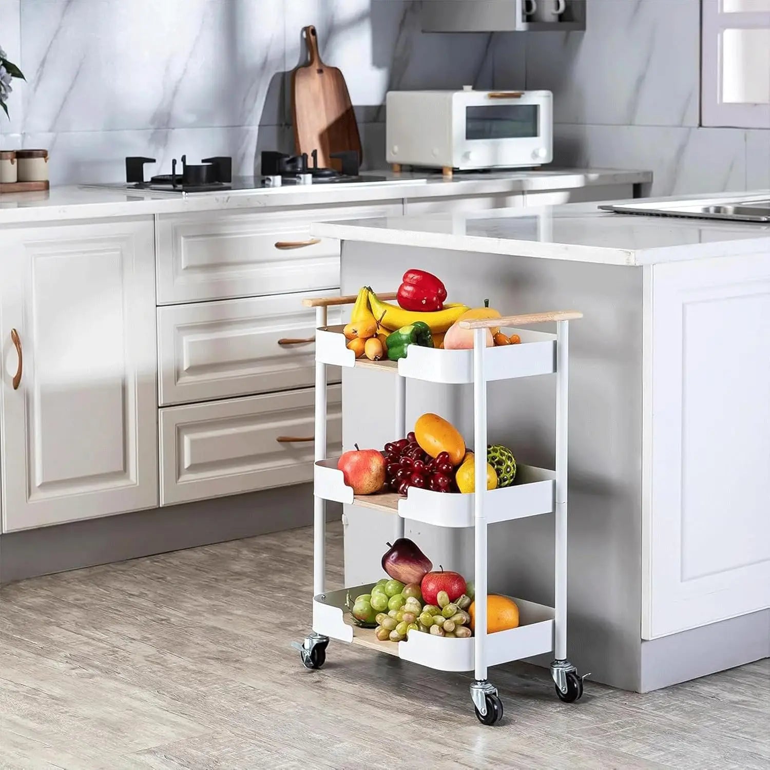 3-Tier Carbon Steel Movable Storage Trolley with Handle Heavy Duty Utility Cart for Home & Office