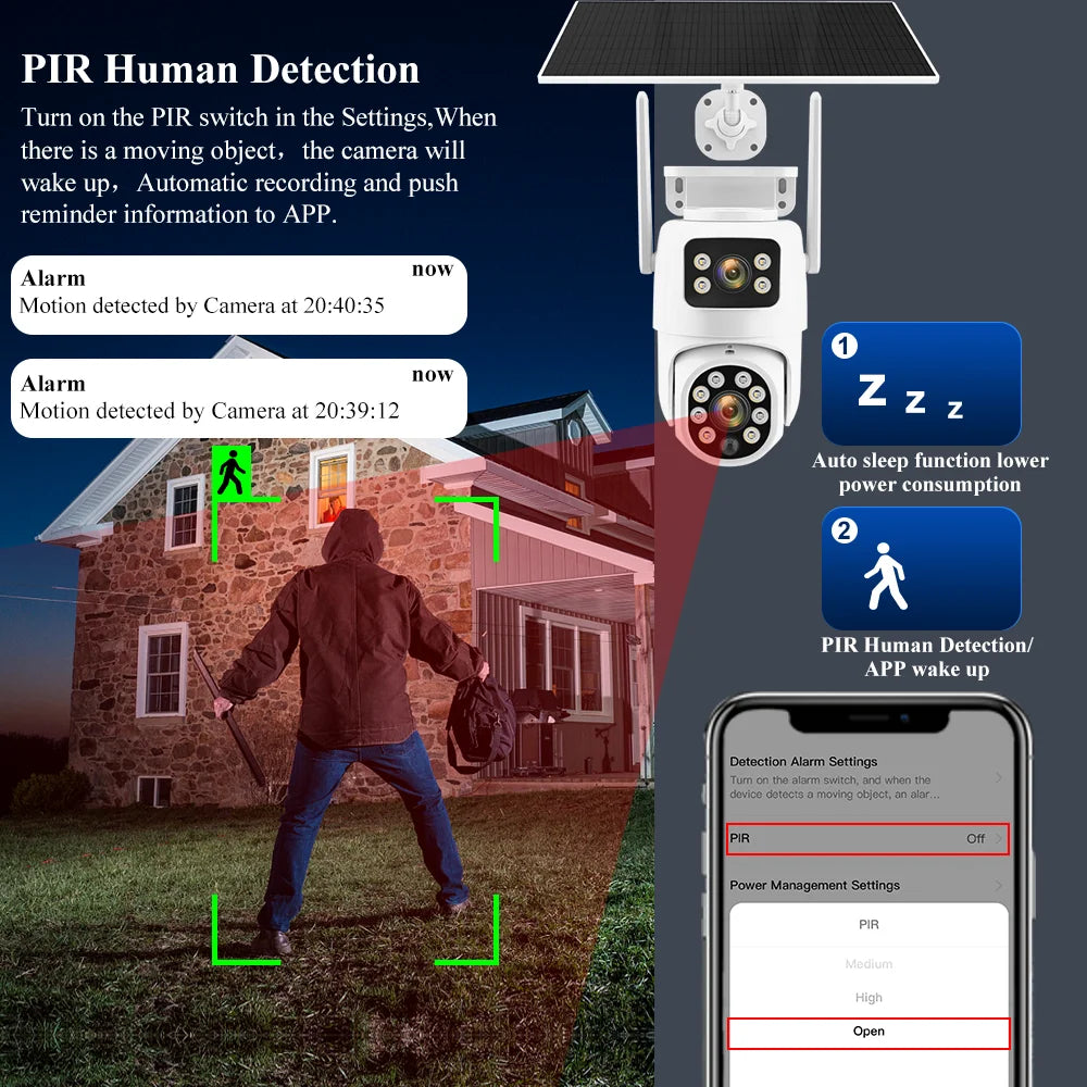 Solar 4G Outdoor PTZ Camera 12MP Dual Lens with Night Vision & Motion Tracking