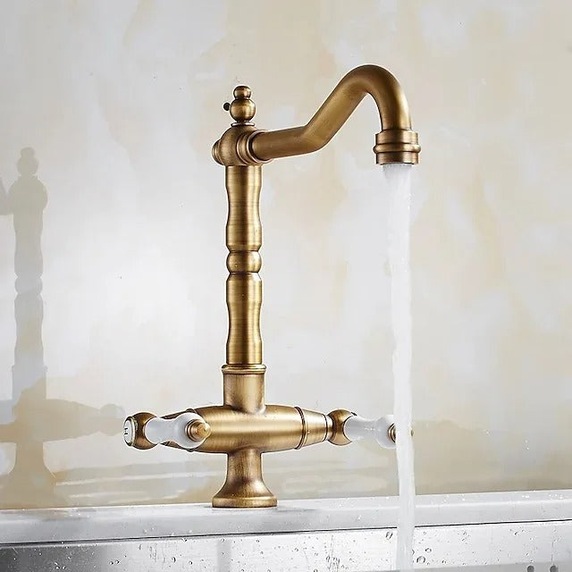 Antique Brass Kitchen Mixer Tap with Dual Handles and 360° Swivel Spout
