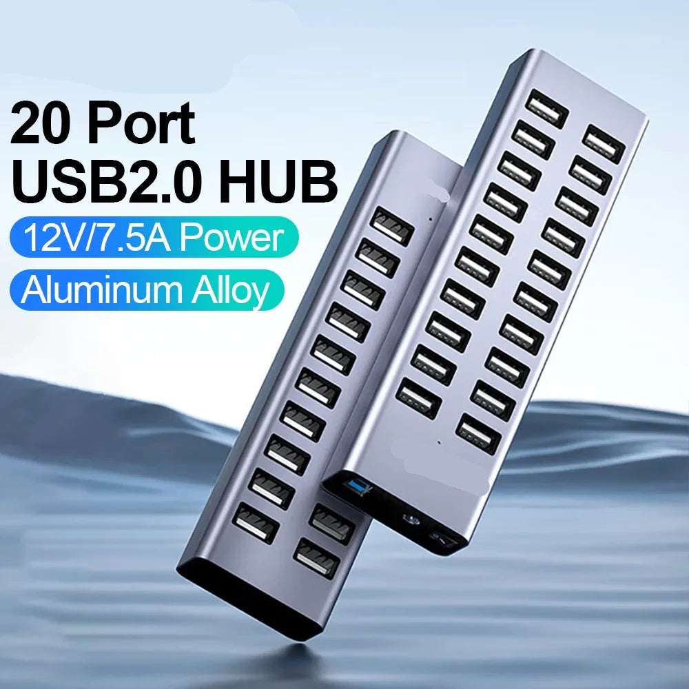20-Port High-Speed USB Hub with 90W Power Adapter – Efficient Multi-Device Charging & Sync