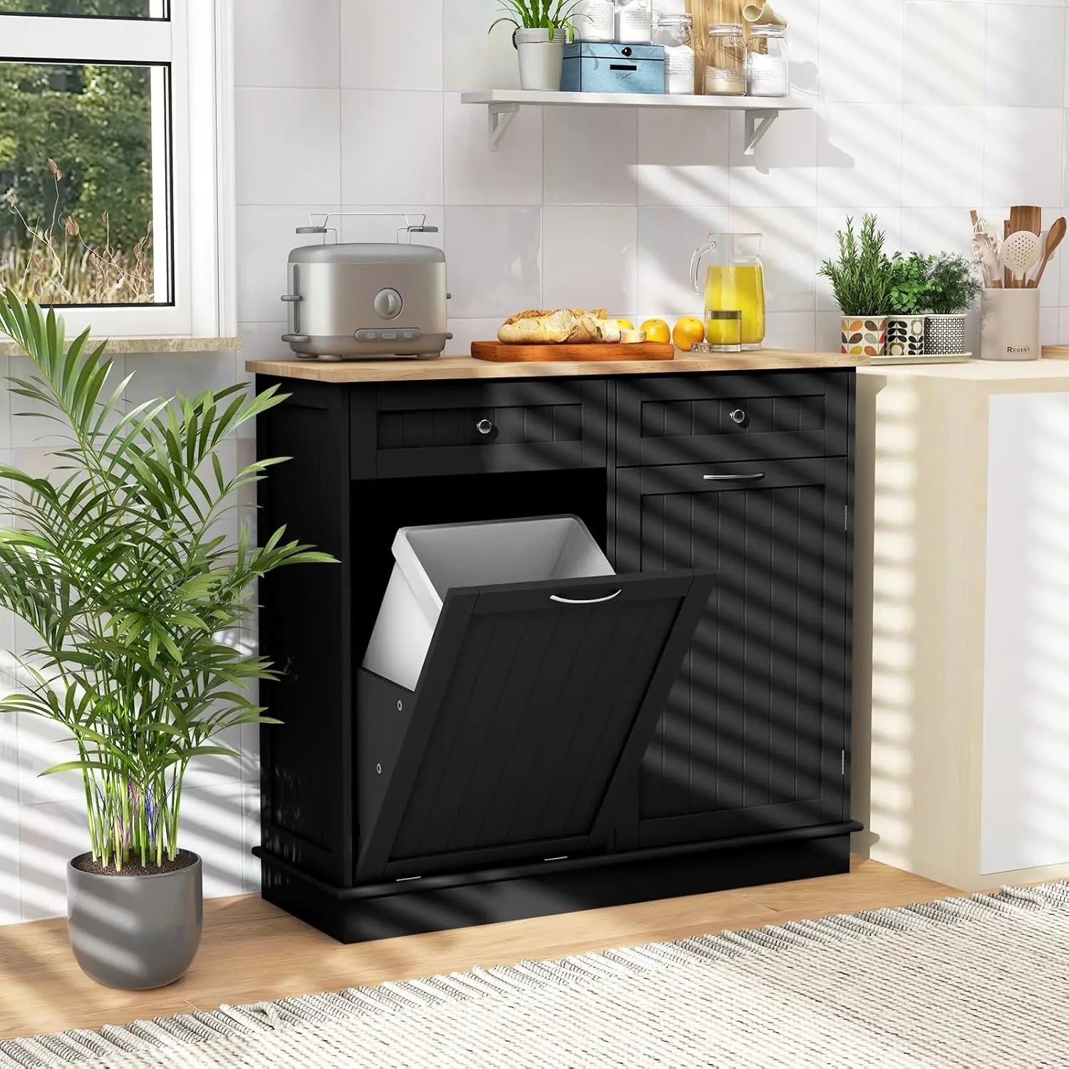 Portable Kitchen Island with 15.5 Gallon Tilt-Out Bin, Rubber Wood Top & Storage Drawers