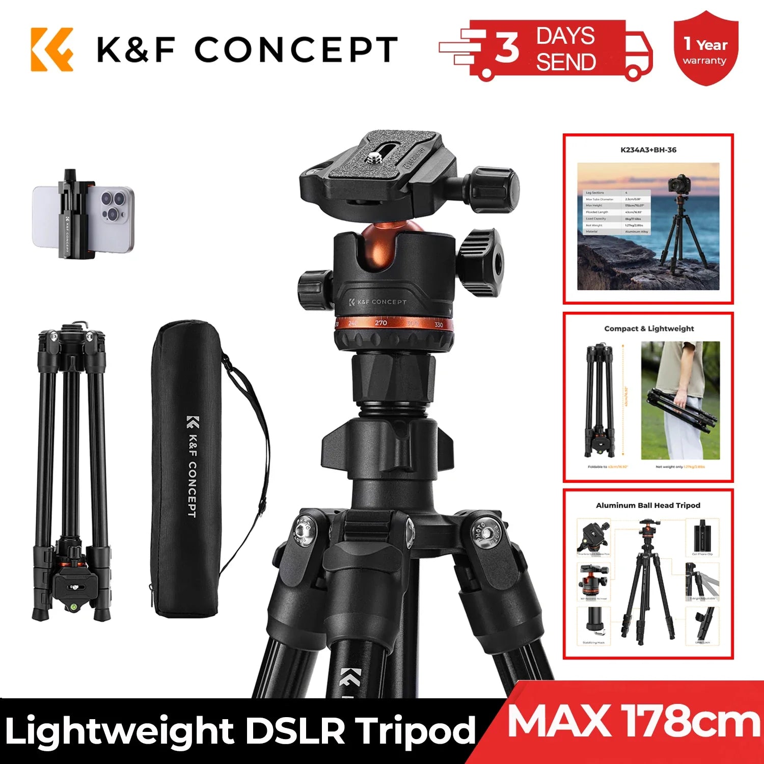 178cm Lightweight Tripod for Camera & Smartphone with Ball Head