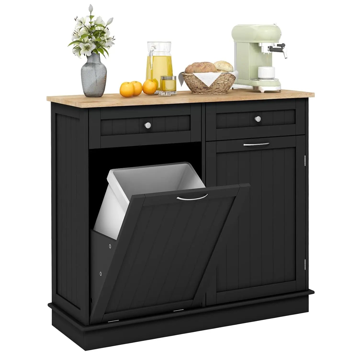Portable Kitchen Island with 15.5 Gallon Tilt-Out Bin, Rubber Wood Top & Storage Drawers