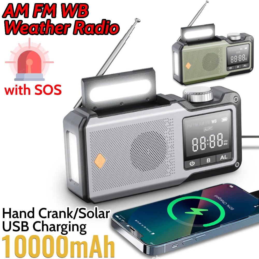 10000mAh Solar Hand Crank Emergency Radio with Flashlight & SOS