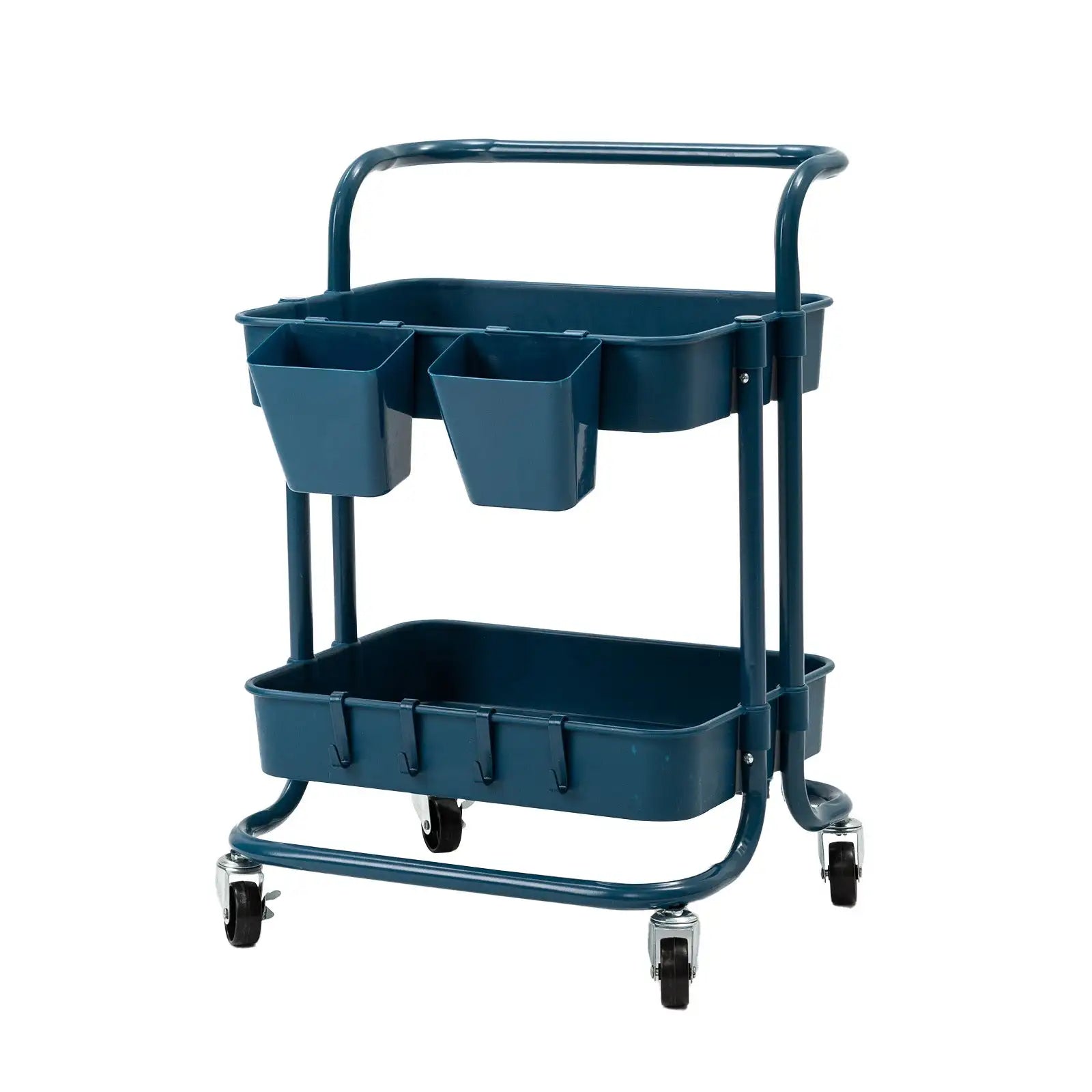 Portable 2-Tier Storage Trolley Cart – Swivel Organizer Shelf for Kitchen & Bathroom (Blue)