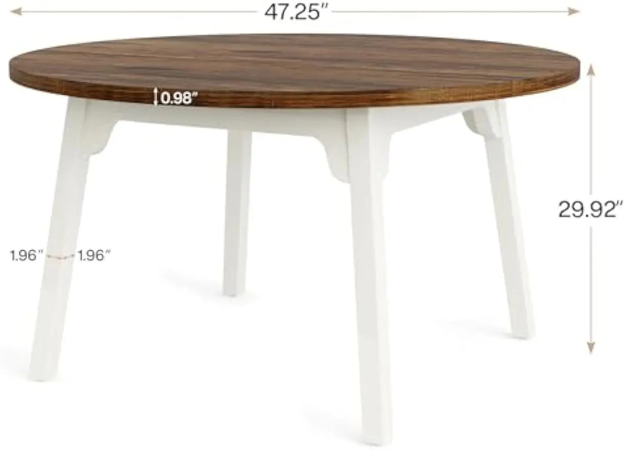 47-Inch Round Kitchen Table with Solid Wood Legs Rustic Brown & White