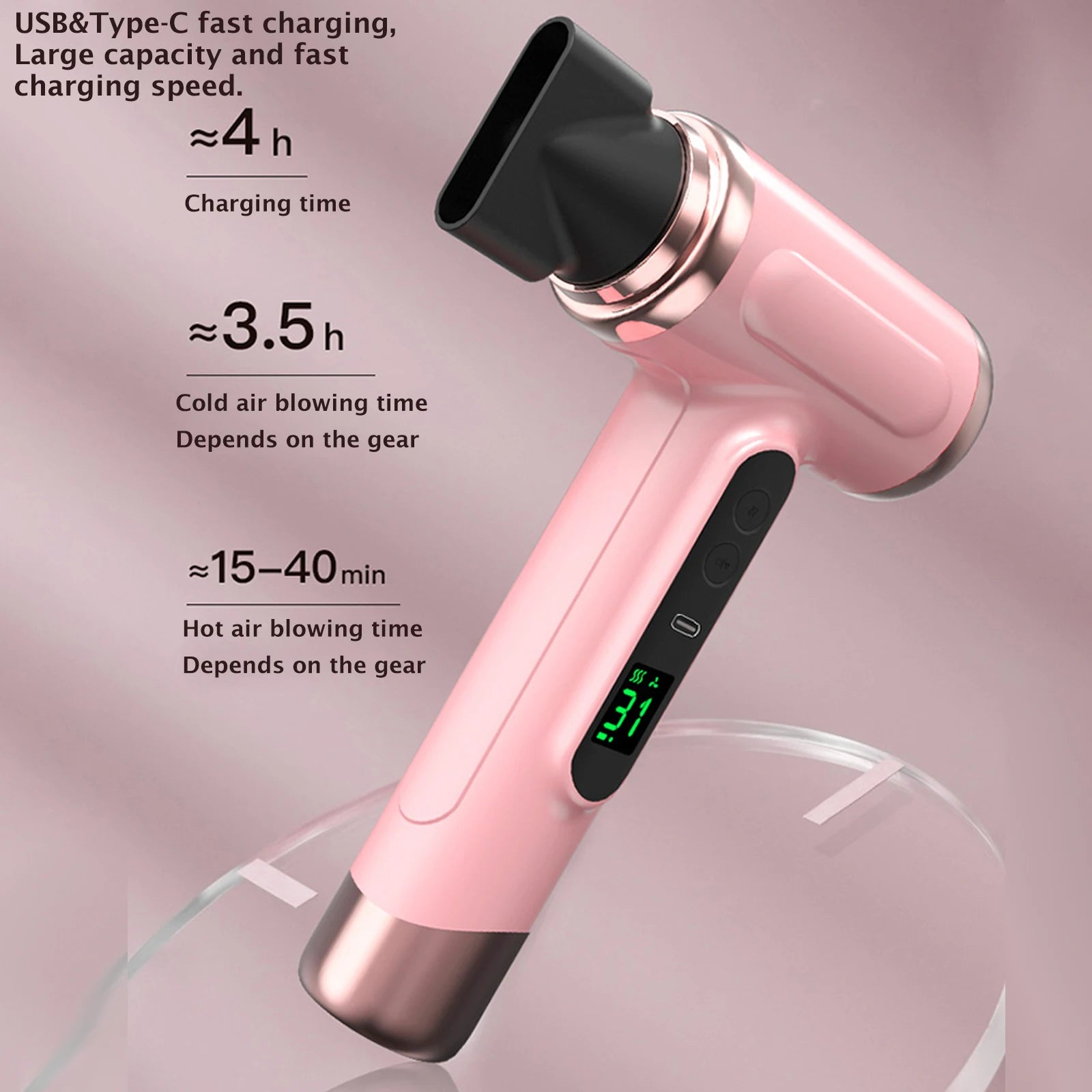 Cordless High-Speed Hair Dryer with Digital Display – Rechargeable & Lightweight for Home or Salon