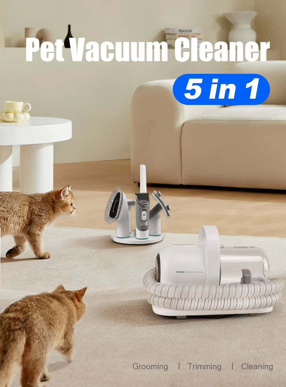 5-in-1 White Pet Grooming Vacuum with Clippers & Brush