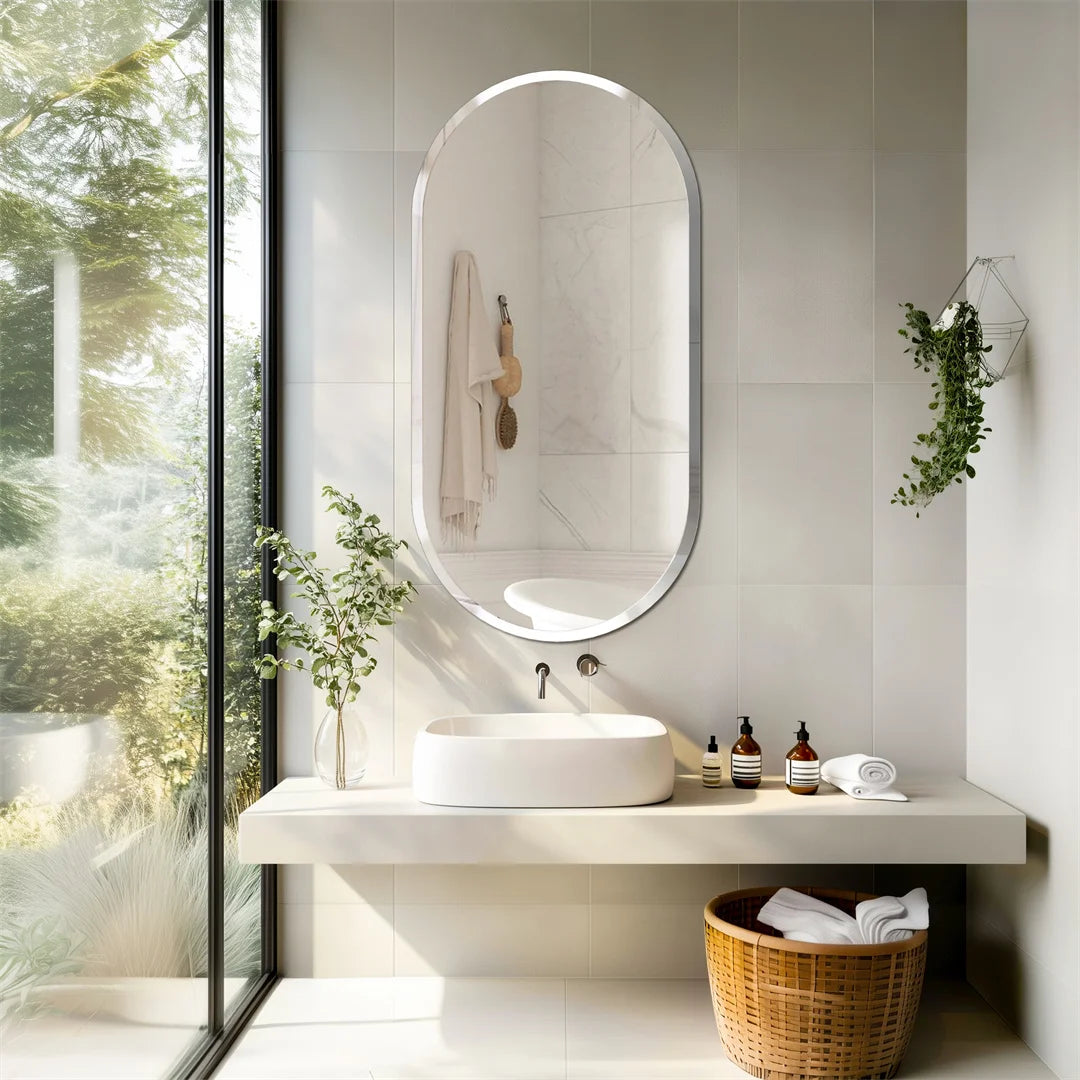Frameless Oval Wall Mirror 80x50cm Beveled Edge, Modern Bathroom Vanity Style