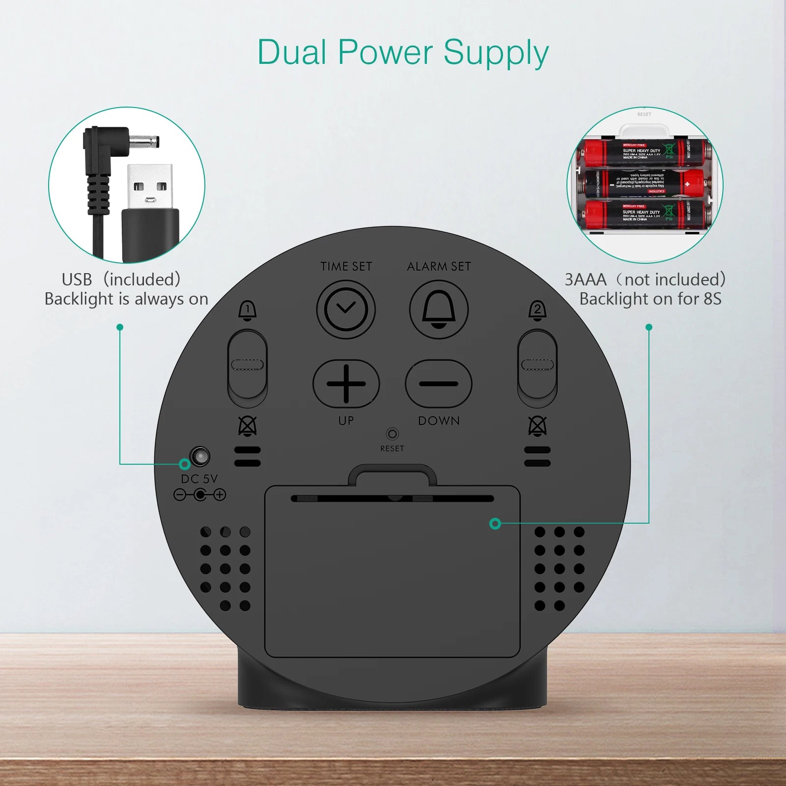 4" LED Table Clock with Snooze, USB/AAA Power, Dual Alarm & Weekday Modes
