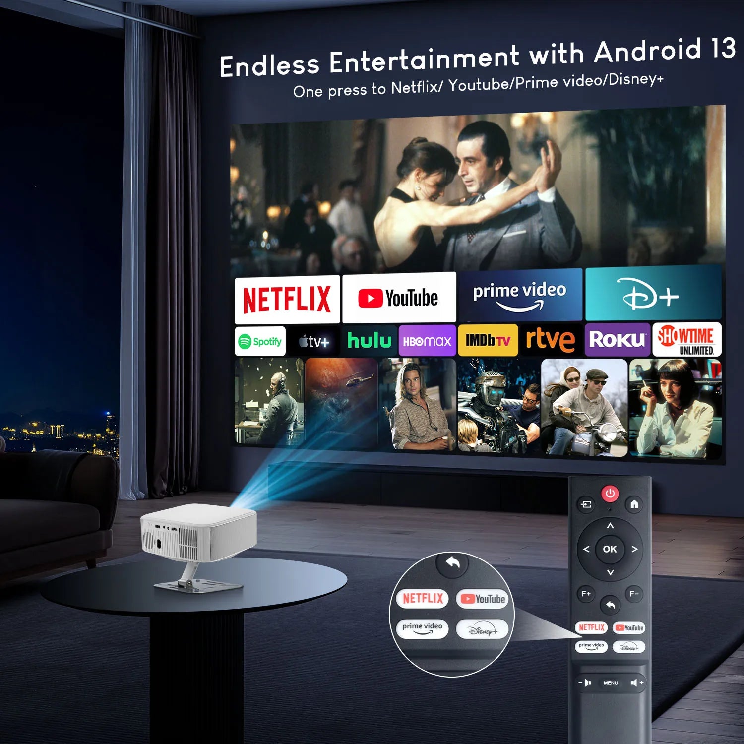 1080P Android 13 Projector with 300" Display & Netflix