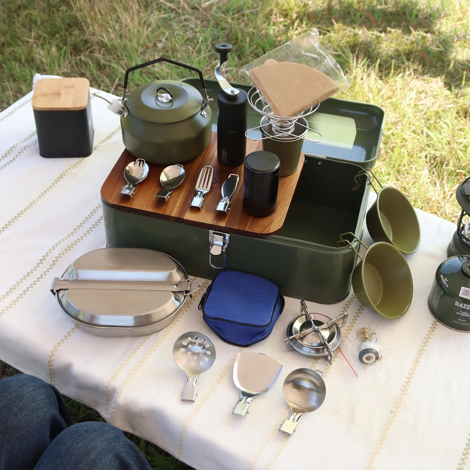 11-Piece Portable Camping Cookware Set with Tea Pot & Stove